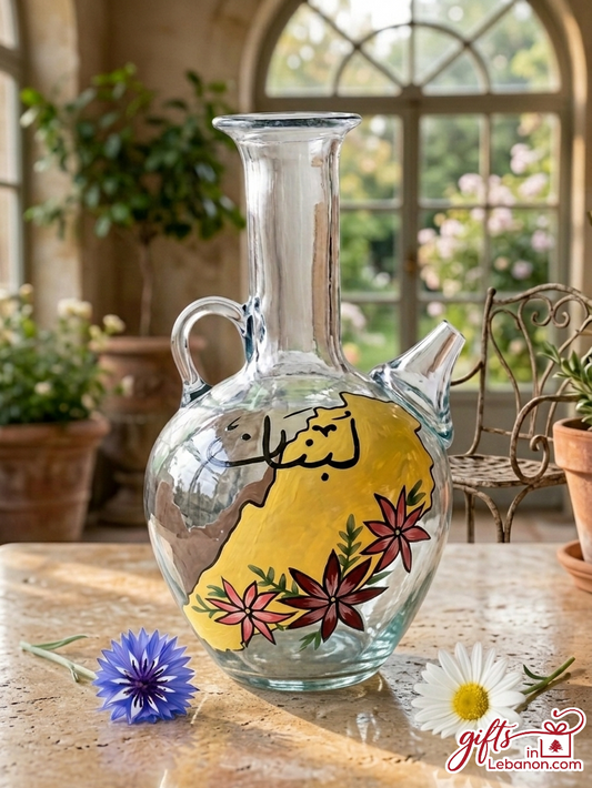 Traditional hand-painted Lebanese glass ibrik water jug with Lebanon map and Arabic calligraphy