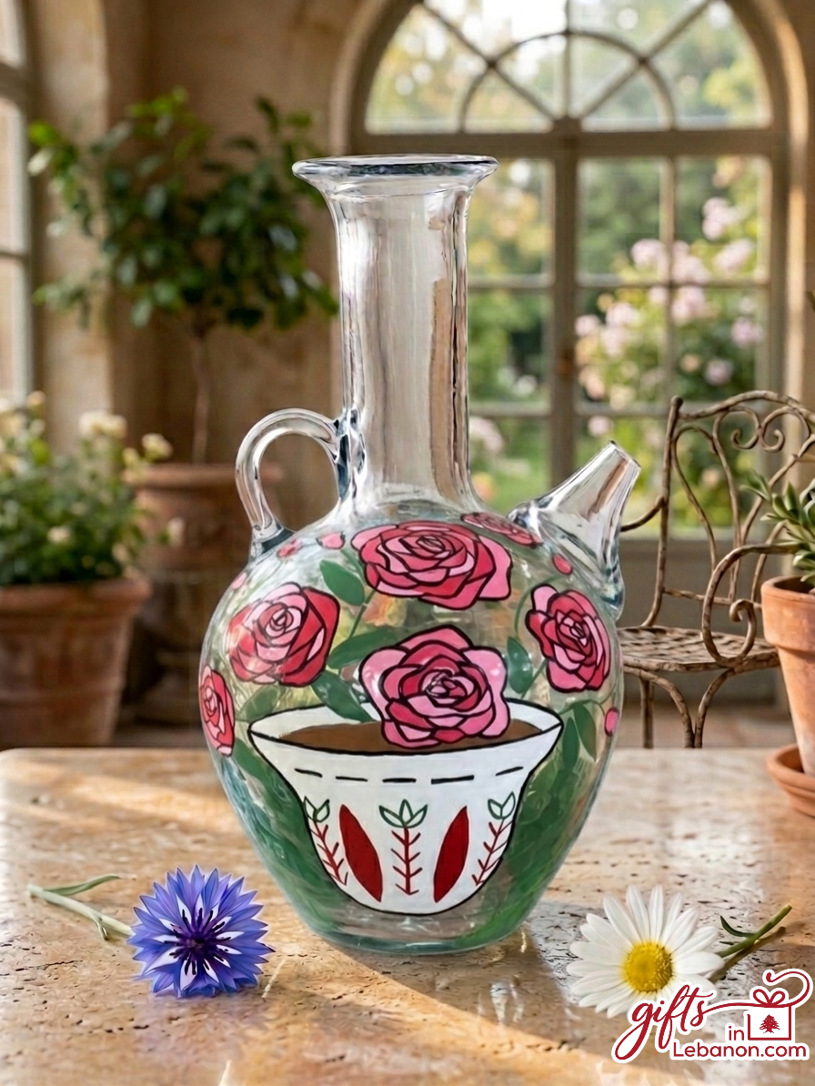 Hand-painted Lebanese glass Ibrik water jug with rose design