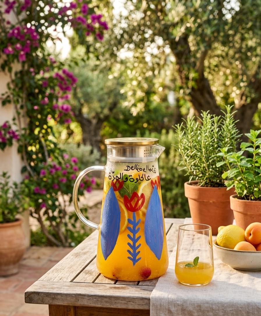 Hand-painted glass pitcher with Arabic calligraphy on an outdoor wooden table in Lebanon