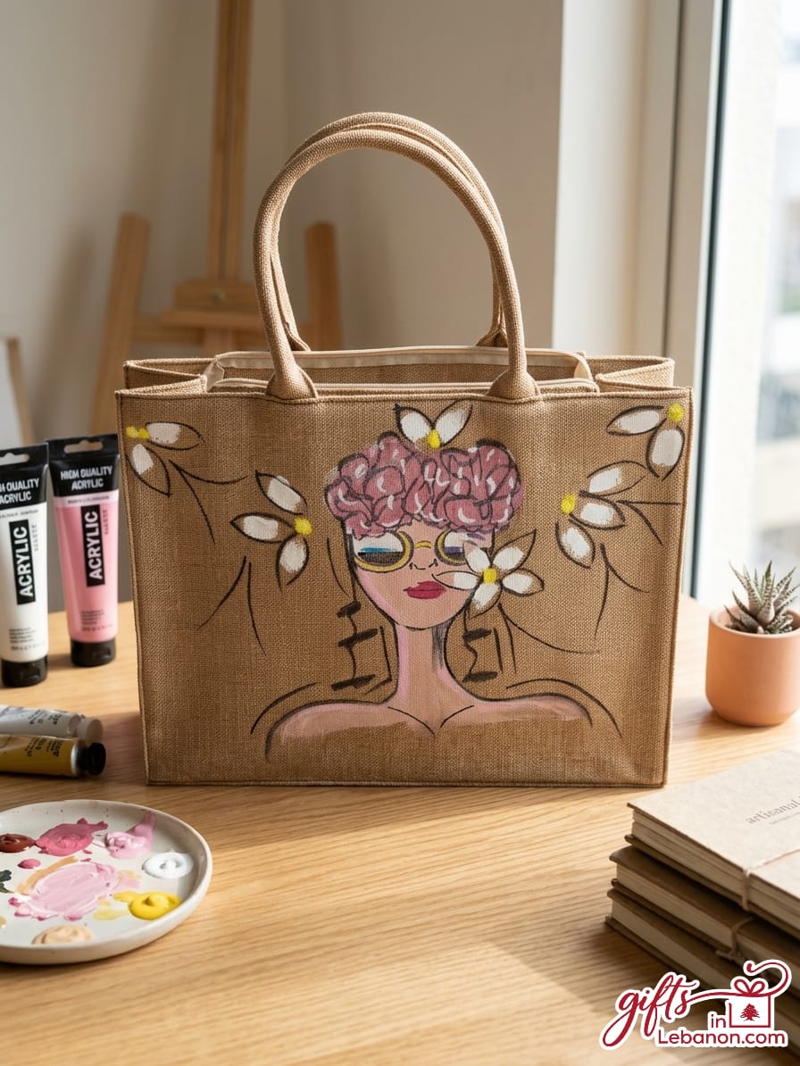 Hand-painted jute tote bag featuring a woman with flowers