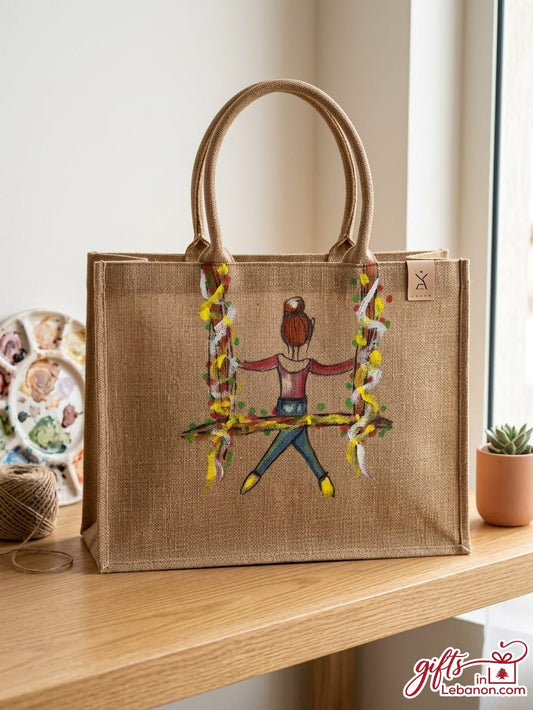 Hand-painted jute tote bag featuring a girl on a swing