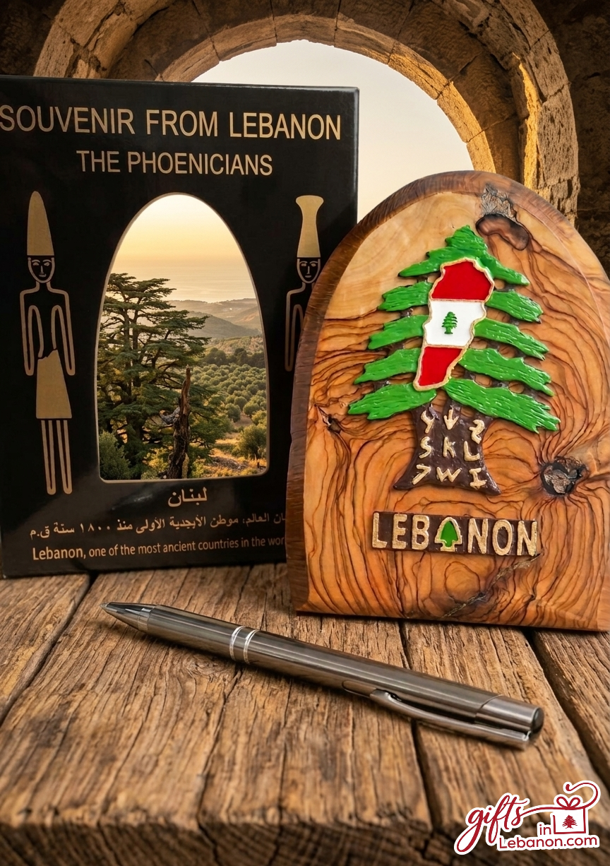 Handcrafted Olive Wood Lebanon Cedar and Phoenician Souvenir Gift Set with Pen