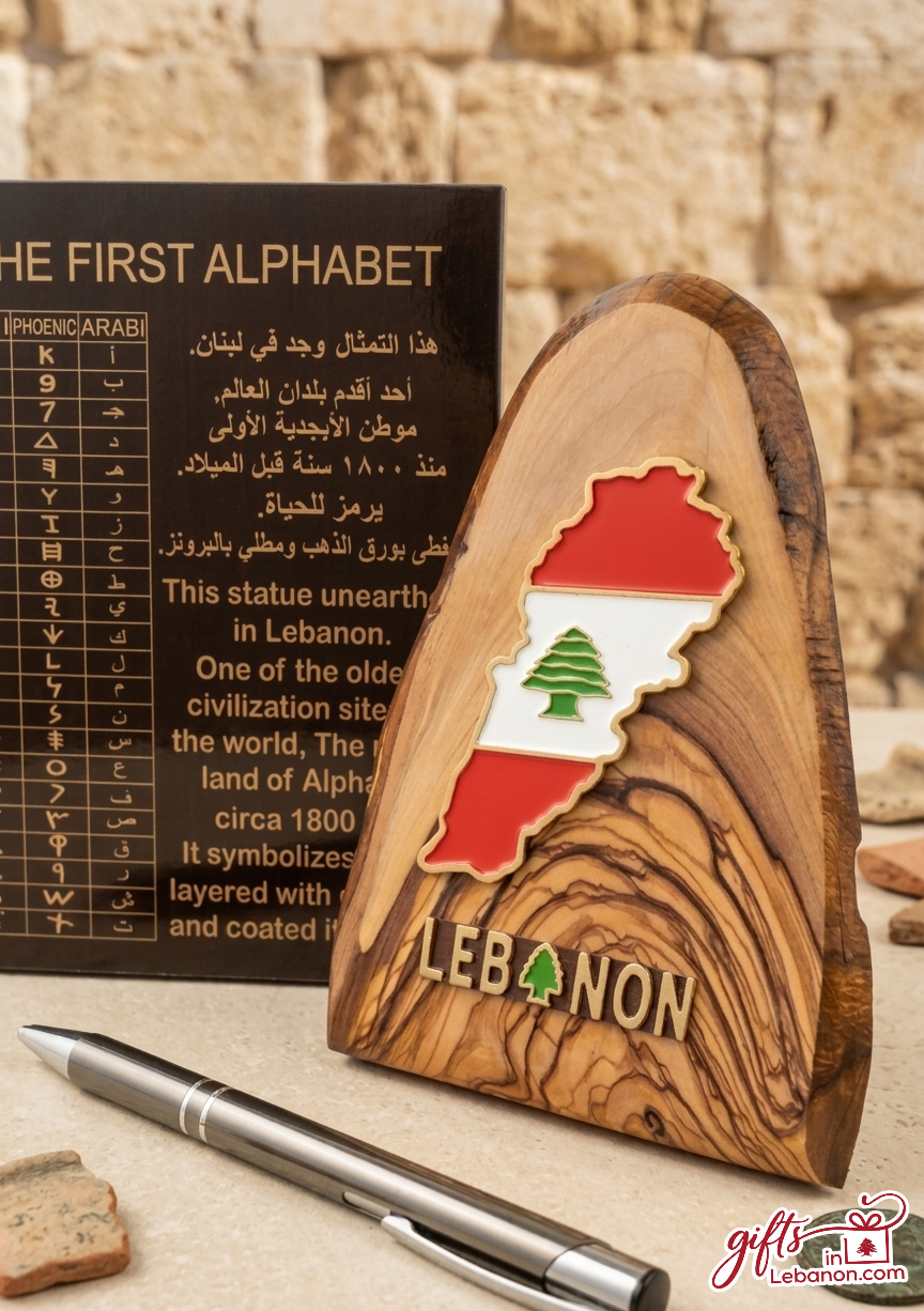 Handcrafted olive wood desk ornament featuring the map of Lebanon in flag colors