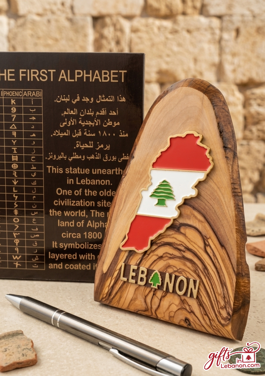 Handcrafted olive wood desk ornament featuring the map of Lebanon in flag colors