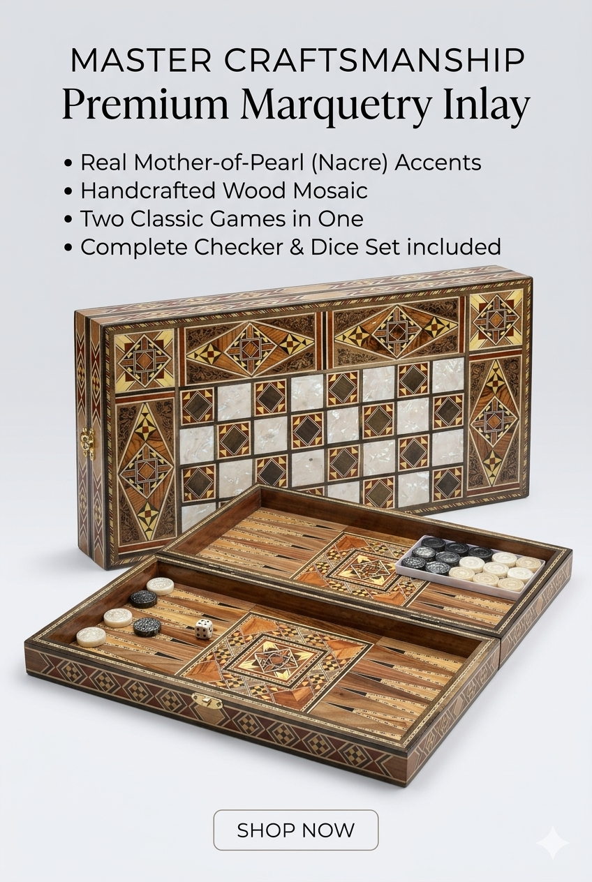 Handcrafted premium wooden backgammon and chess board with mother of pearl inlay