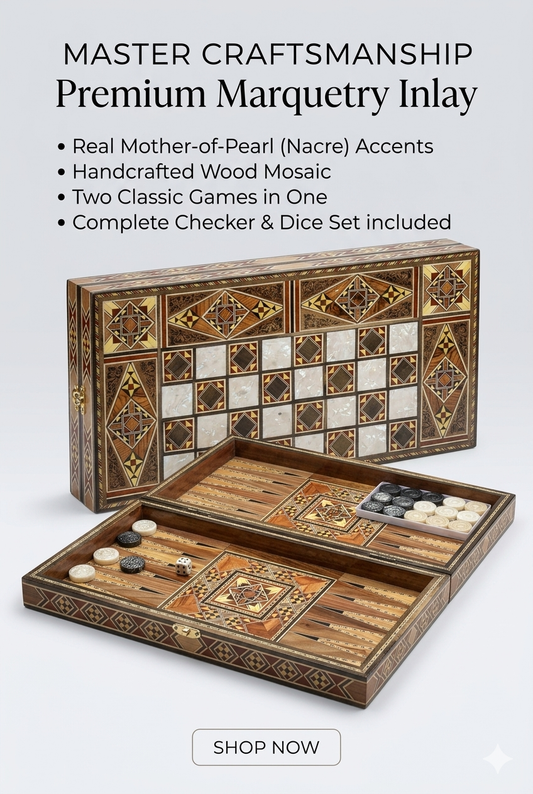 Handcrafted premium wooden backgammon and chess board with mother of pearl inlay