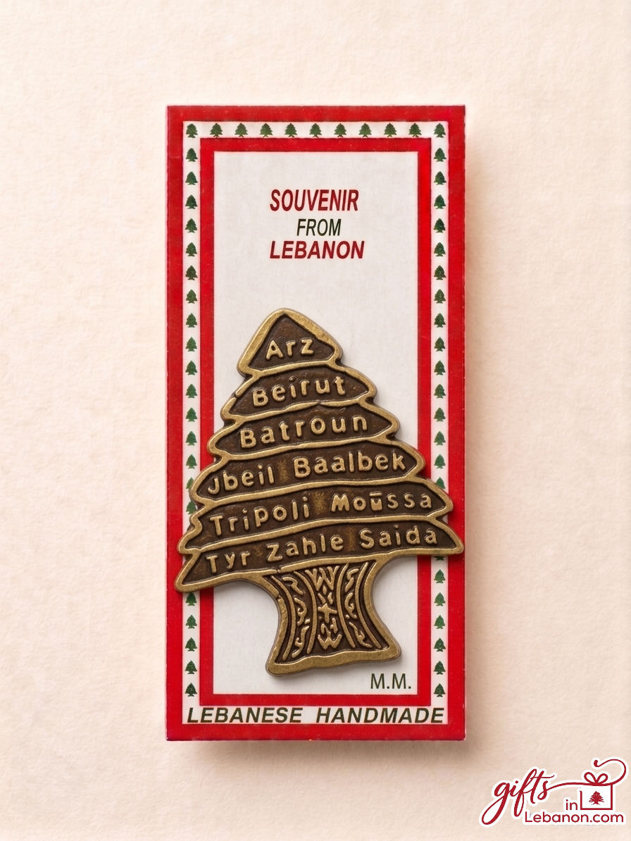 Handmade bronze Cedar of Lebanon souvenir magnet featuring names of Lebanese cities