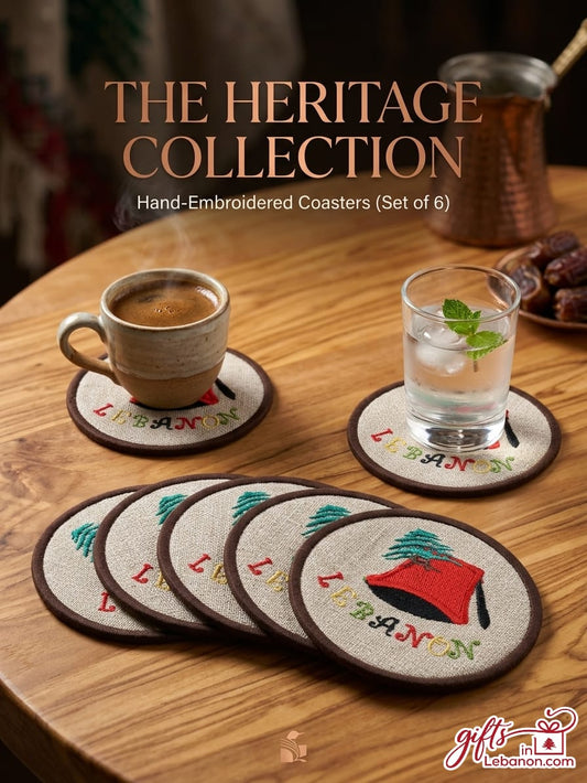 Hand-embroidered Lebanese heritage coasters set of six with coffee cup