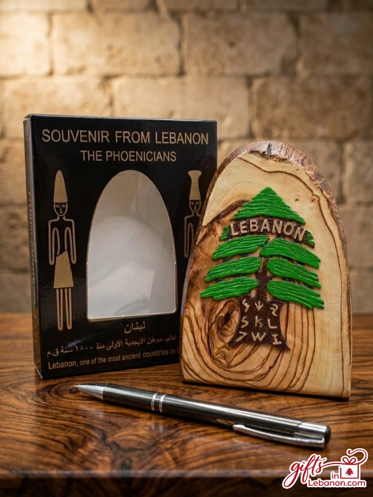 Handcrafted wooden Lebanese Cedar ornament with Phoenician alphabet letters and gift box