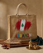 Eco-friendly natural jute tote bag featuring the Lebanese flag and cedar tree