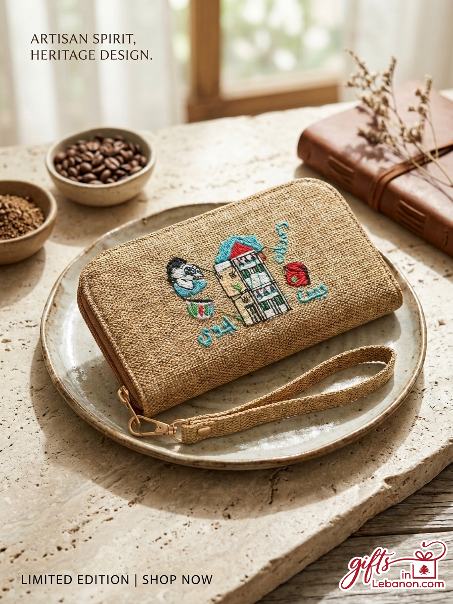 Handcrafted embroidered clutch wallet featuring a traditional Lebanese house and coffee design