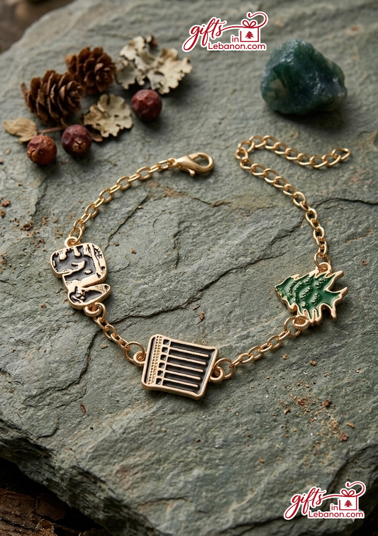 Gold-plated Lebanese charm bracelet with Cedar tree and Arabic calligraphy charms on a stone background