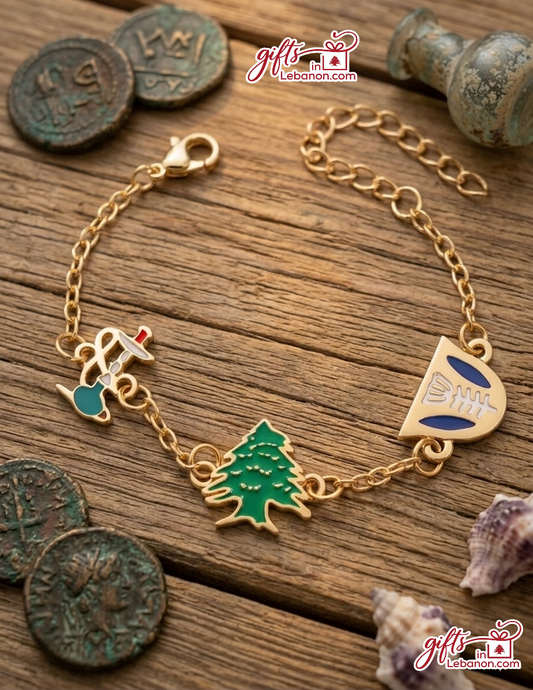Gold-plated Lebanese charm bracelet with Cedar tree, argileh, and Phoenician symbol charms