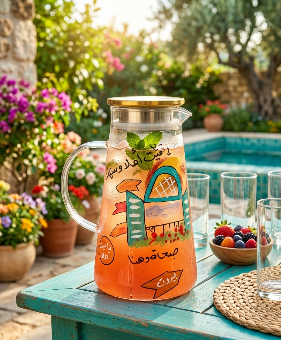 Hand-painted glass pitcher with traditional Lebanese house illustration and Arabic calligraphy on a garden table