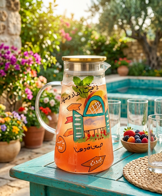 Hand-painted glass pitcher with traditional Lebanese house illustration and Arabic calligraphy on a garden table