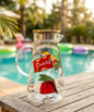 Hand-painted glass pitcher with Lebanese heritage motifs sitting on a wooden table by a pool