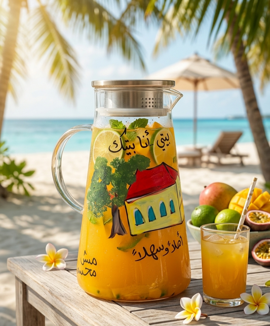 Hand-painted glass pitcher with traditional Lebanese house and Arabic calligraphy on a sunny table