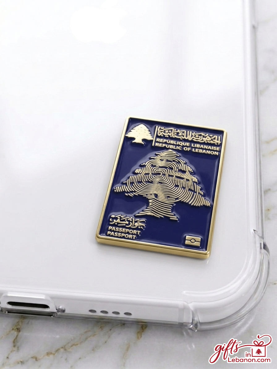 Premium Lebanese Passport Enamel Sticker on a clear phone case