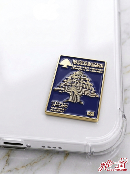 Premium Lebanese Passport Enamel Sticker on a clear phone case