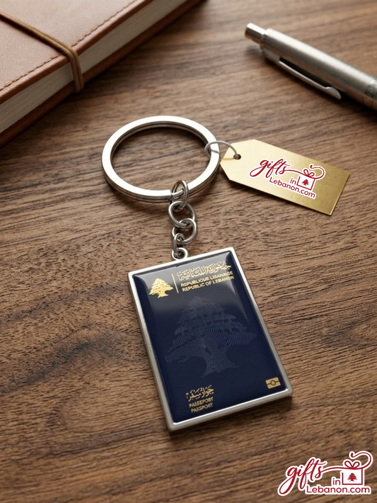 Premium Lebanese Passport Replica Metal Keychain on Wooden Table