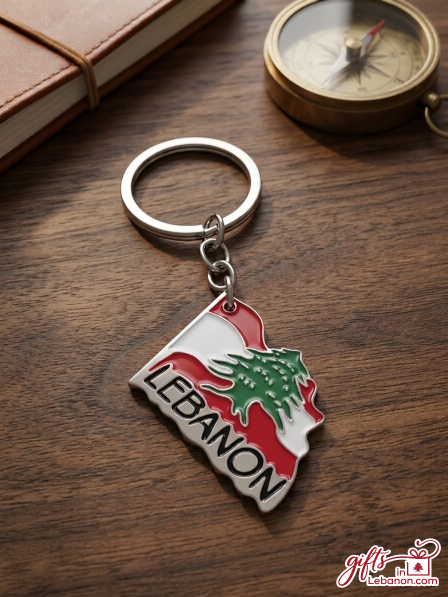 Premium metal keychain shaped like the map of Lebanon with the Lebanese flag and Cedar tree