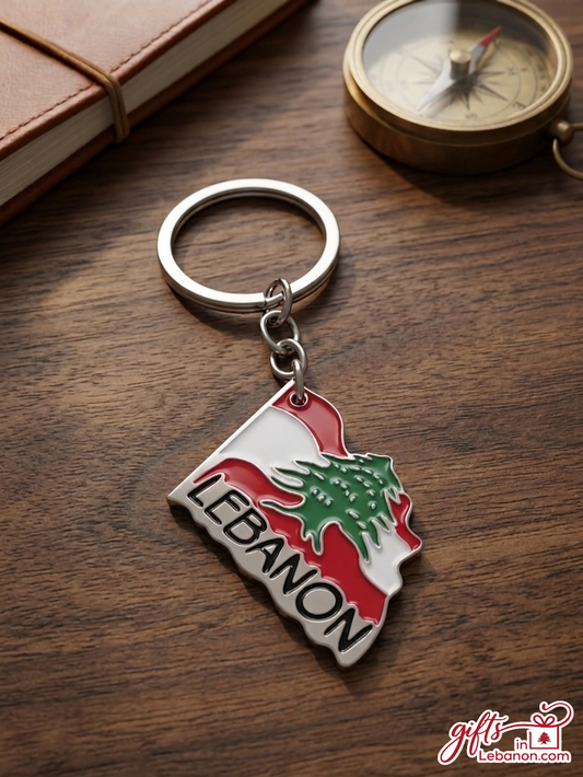 Premium metal keychain shaped like the map of Lebanon with the Lebanese flag and Cedar tree