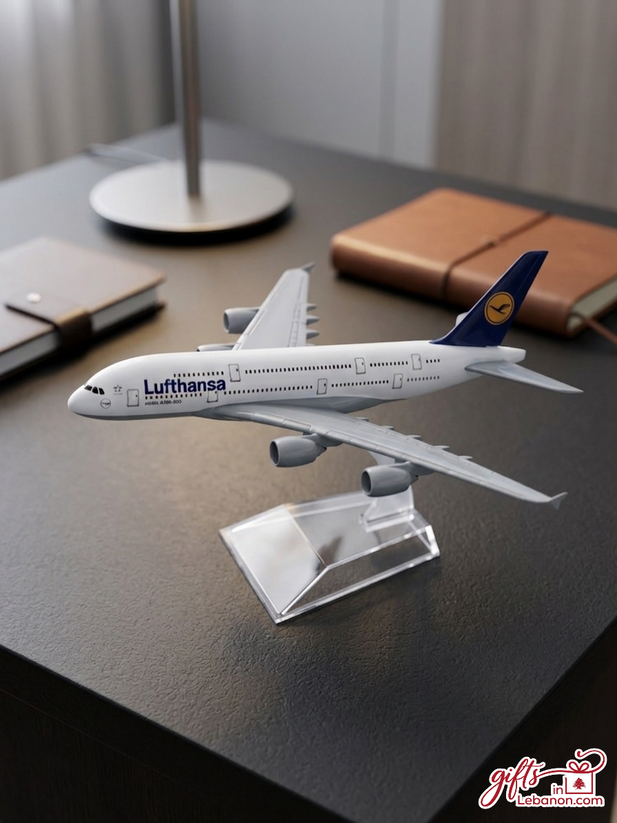 Lufthansa Airbus A380 16cm model airplane on a clear display stand