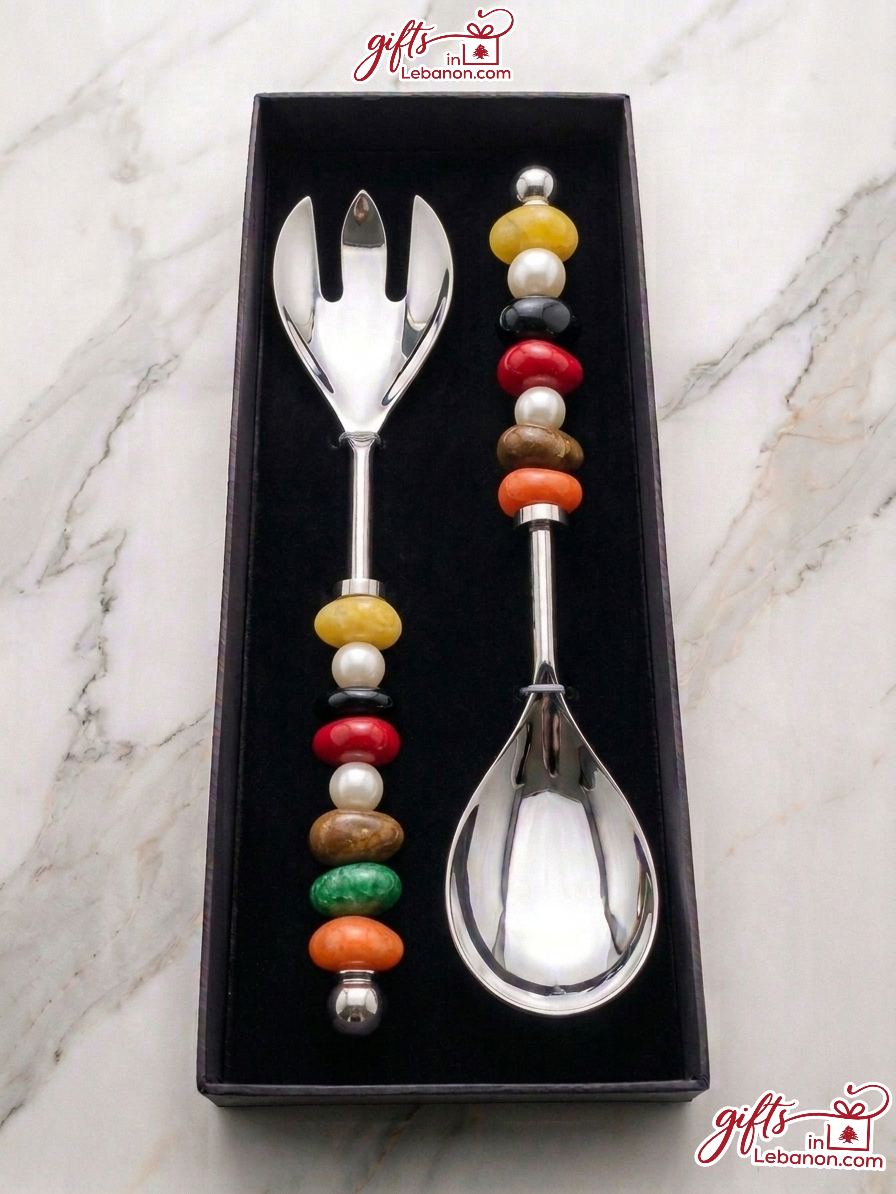 Luxury beaded salad serving spoon and fork set in a black gift box