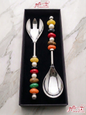 Luxury beaded salad serving spoon and fork set in a black gift box