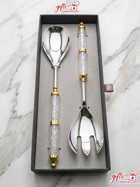 Luxury crystal and gold serving spoon and fork set in a gift box