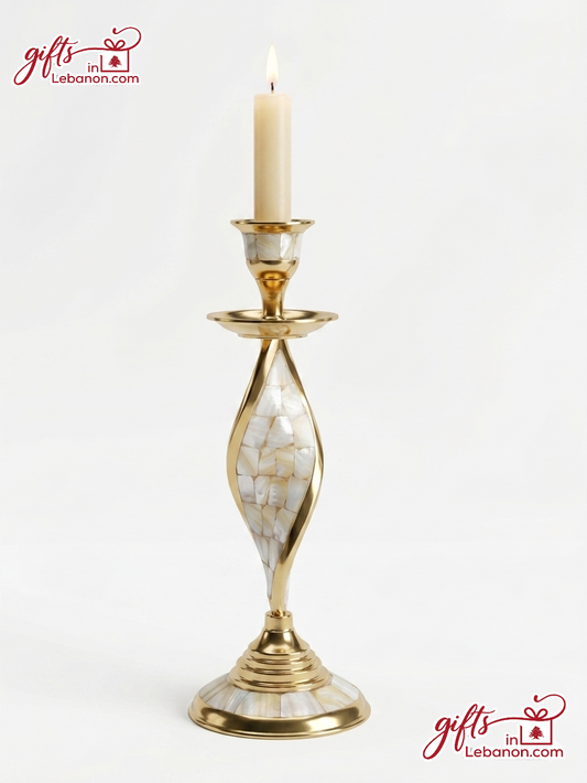 Elegant handcrafted brass and mother of pearl candlestick holder