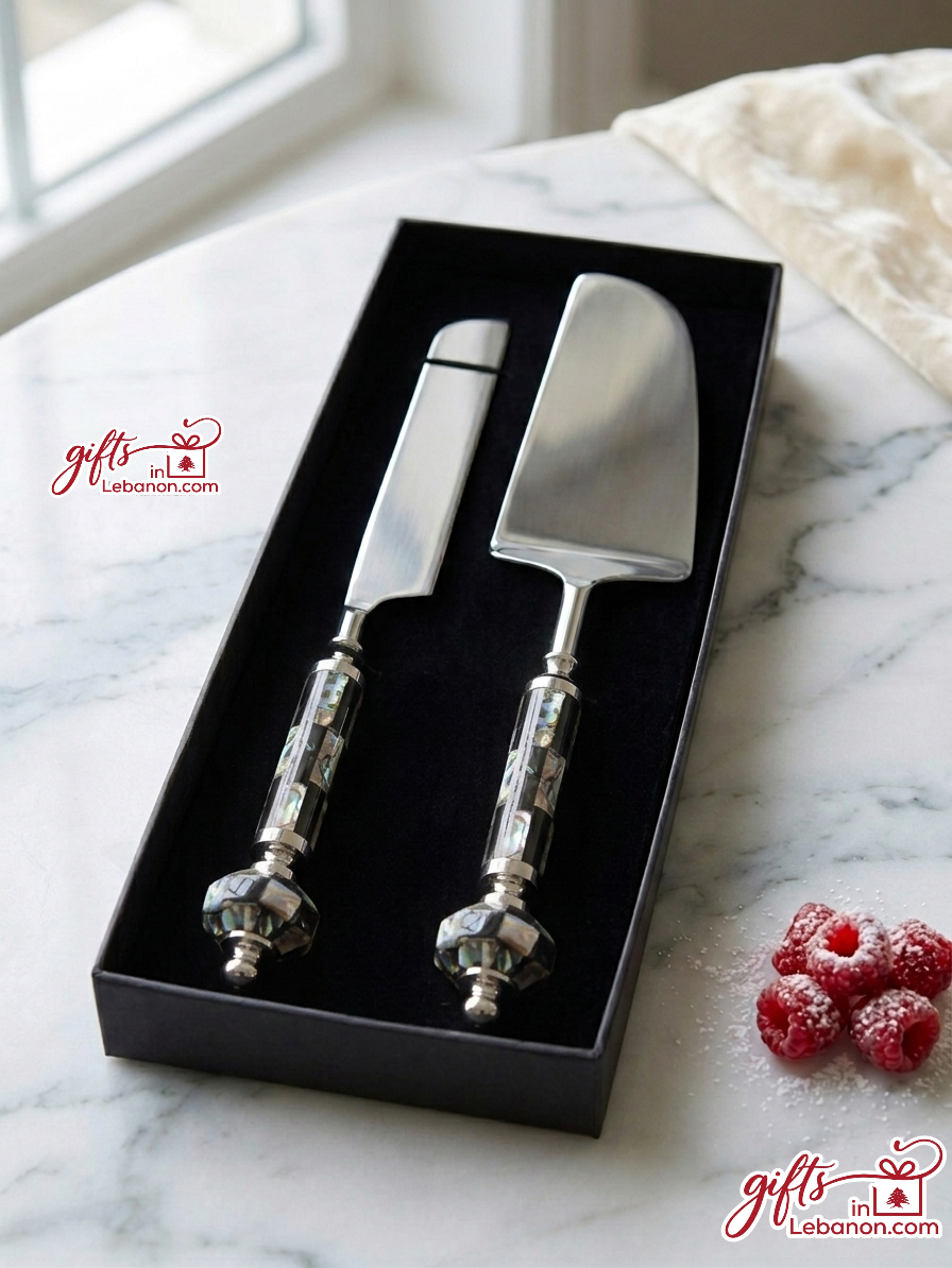 Luxury Mother of Pearl Cake Knife and Server Set in Gift Box