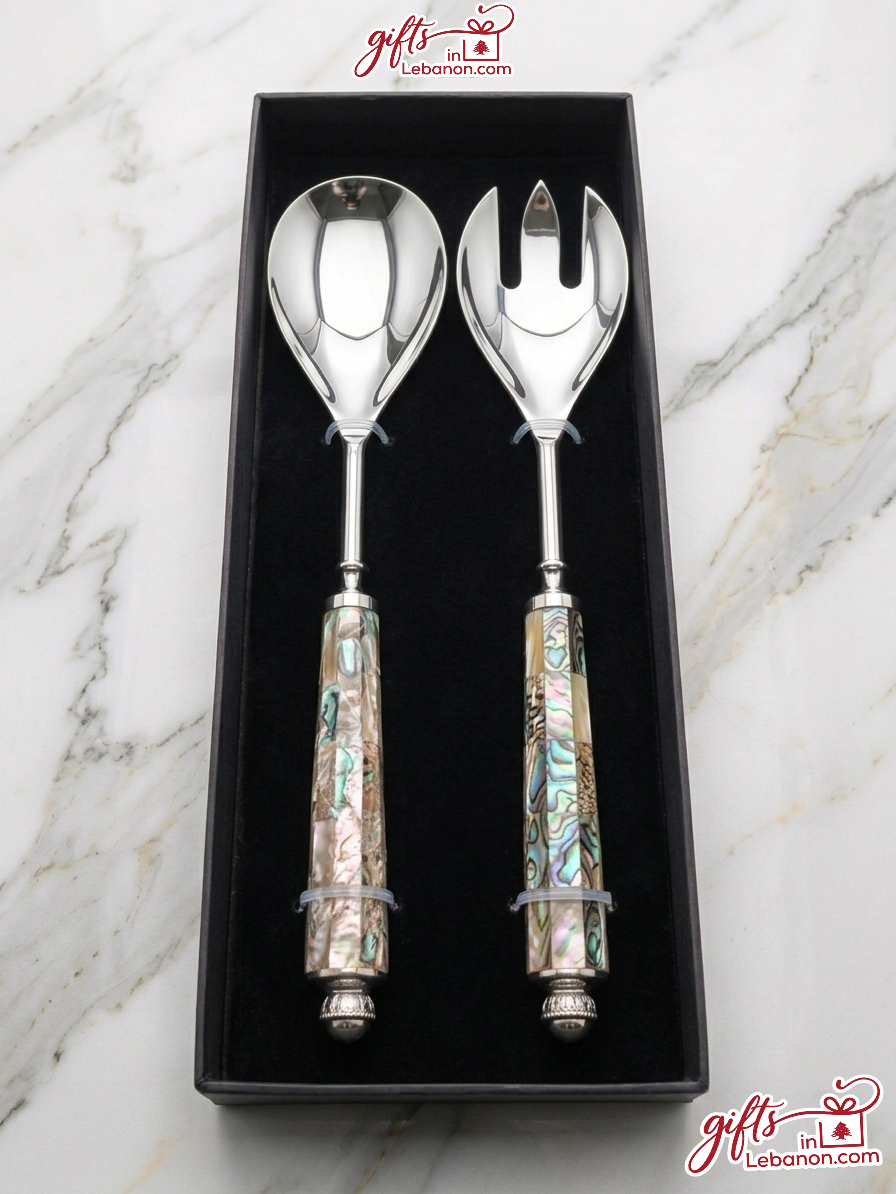 Mother of Pearl salad serving set in a black gift box