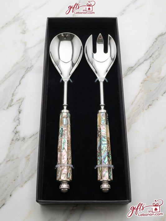 Mother of Pearl salad serving set in a black gift box