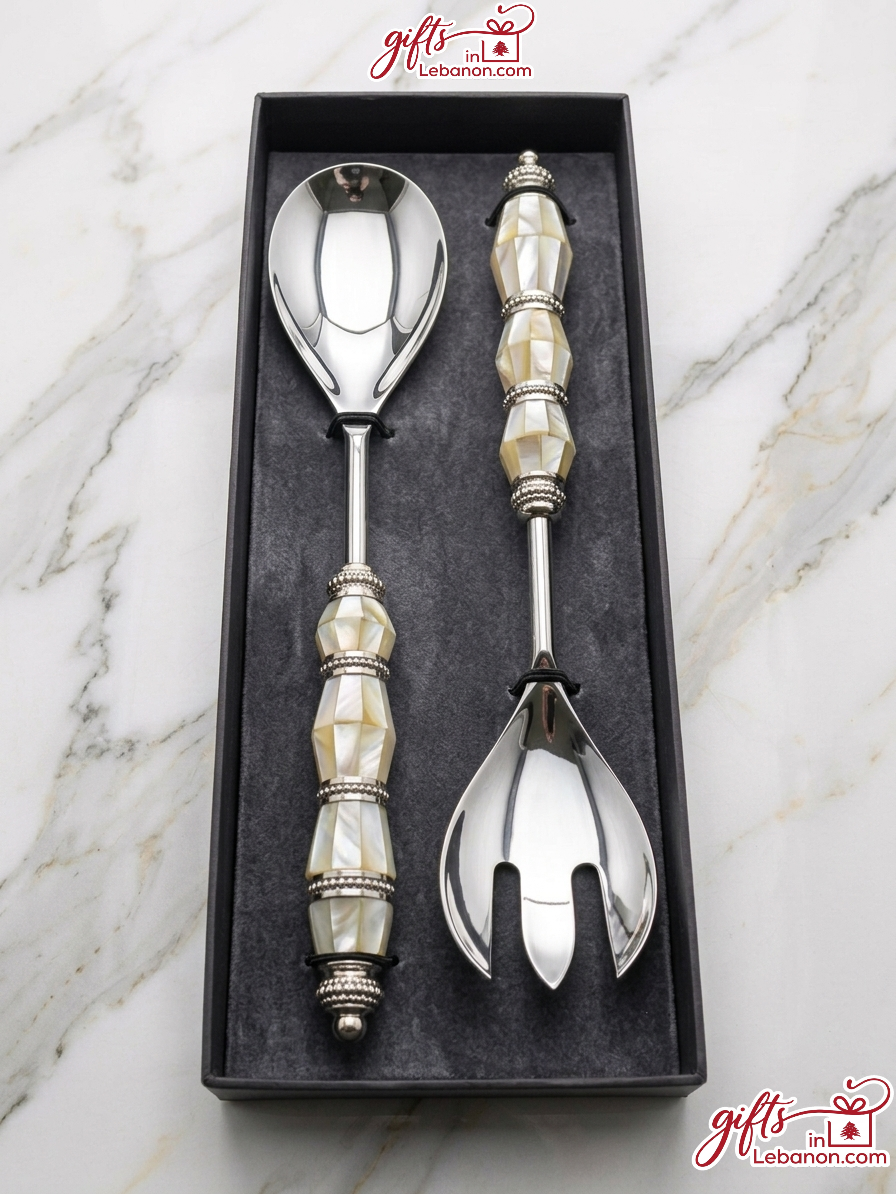 Luxury Mother of Pearl Serving Spoon and Fork Set in Gift Box