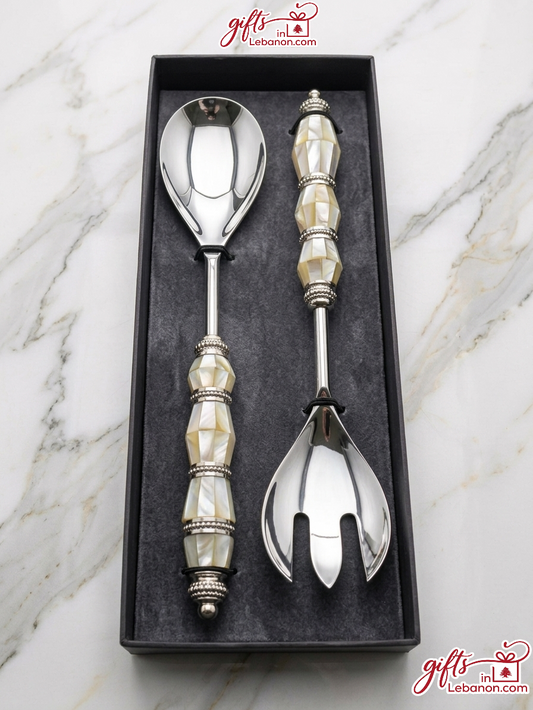 Luxury Mother of Pearl Serving Spoon and Fork Set in Gift Box