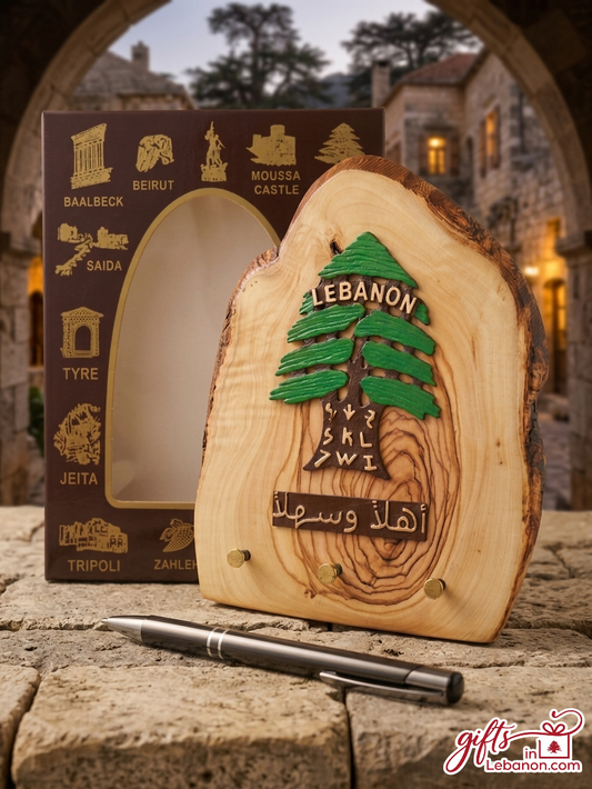 Handcrafted Olive Wood Lebanese Cedar Key Holder with Ahlan wa Sahlan inscription