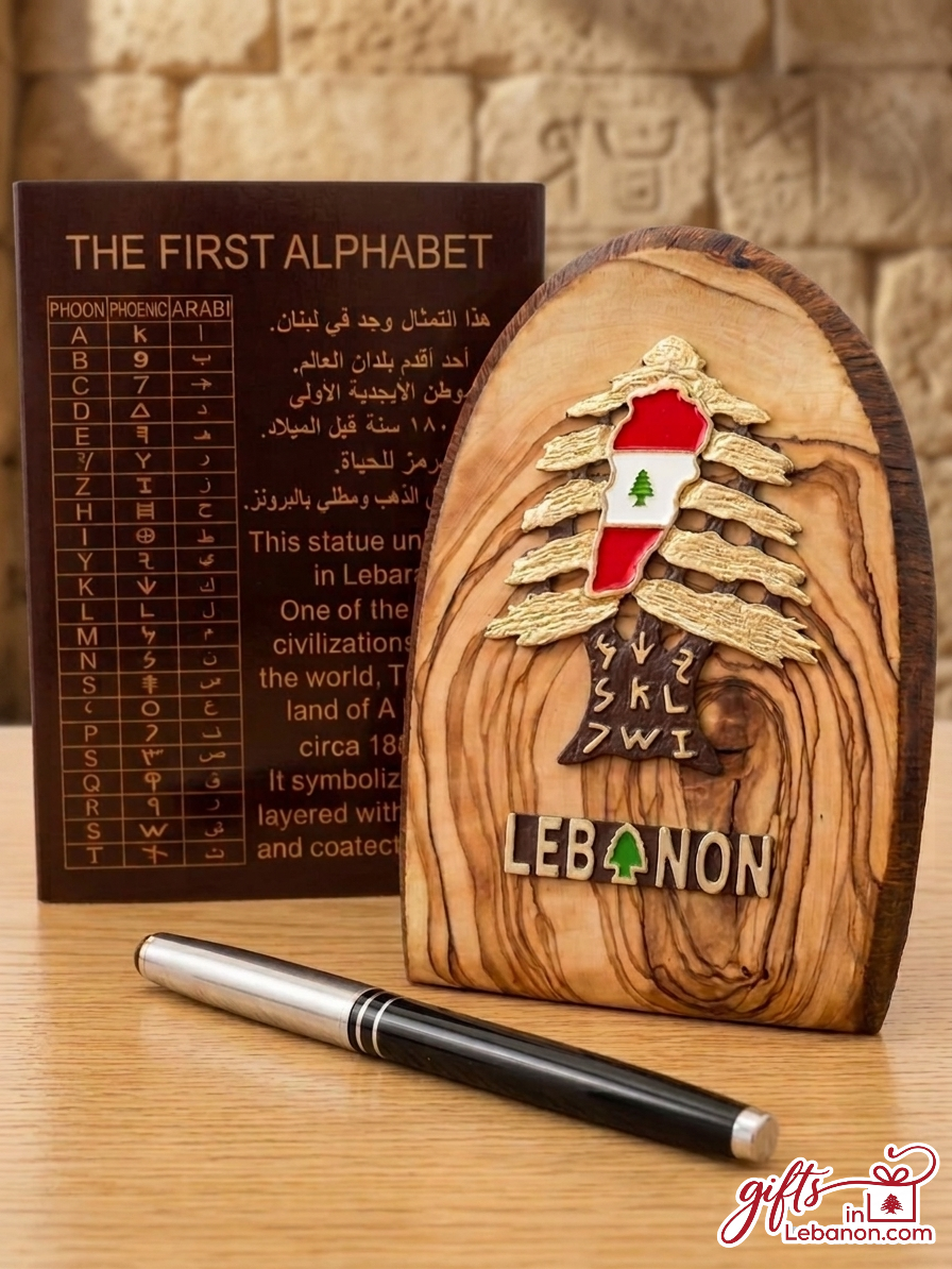 Handcrafted olive wood desk ornament featuring the Cedar of Lebanon, Lebanese flag map, and Phoenician alphabet chart