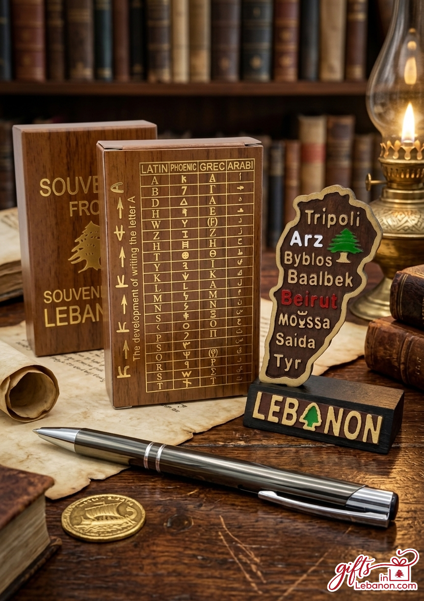 Handcrafted wooden desk souvenir set featuring the Phoenician alphabet chart and a map of Lebanon.