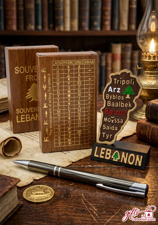 Handcrafted wooden desk souvenir set featuring the Phoenician alphabet chart and a map of Lebanon.