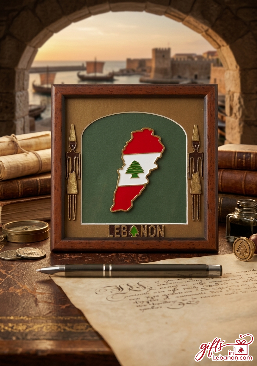 Framed Lebanon map art with Phoenician figures and cedar flag