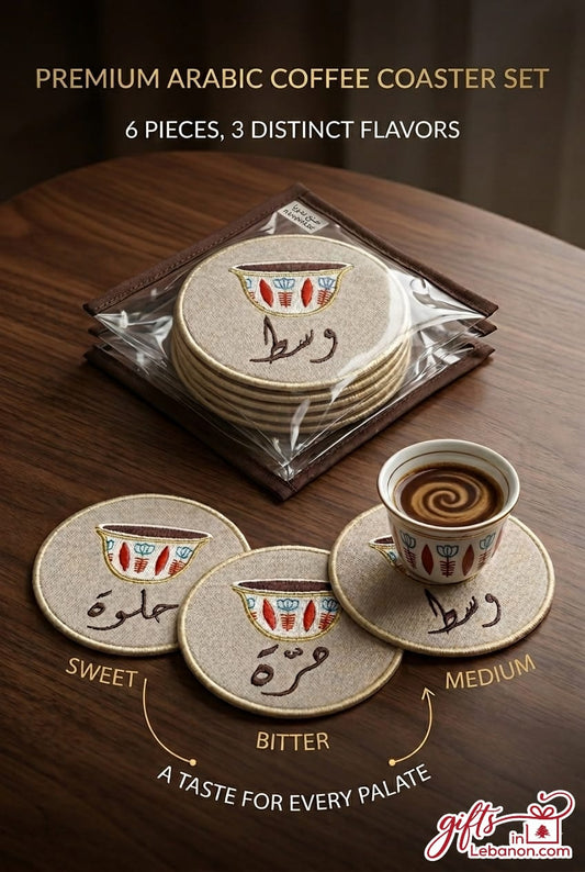 Premium Arabic Coffee Coaster Set of 6 with Sweet, Bitter, and Medium Calligraphy