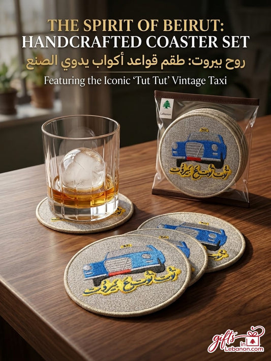 Handcrafted Spirit of Beirut coasters featuring the iconic blue Tut Tut vintage taxi.