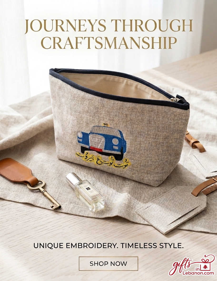 Hand-embroidered linen pouch featuring a classic blue Beirut taxi and Arabic calligraphy