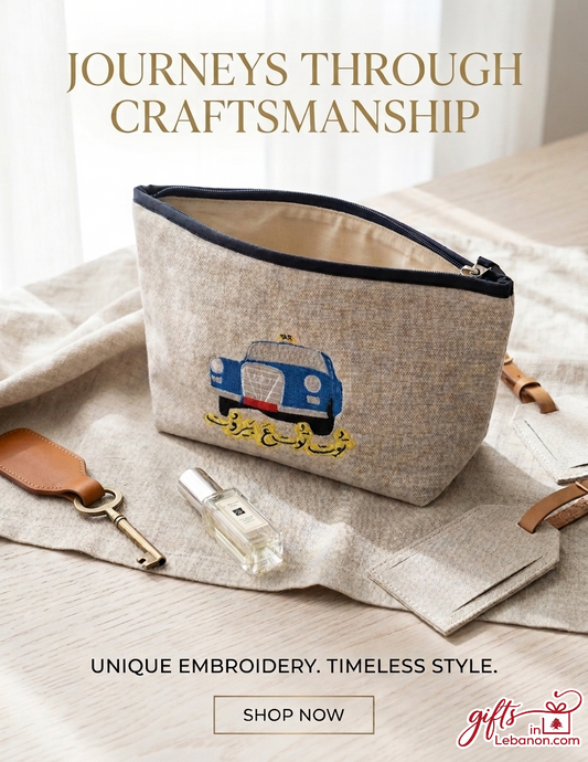 Hand-embroidered linen pouch featuring a classic blue Beirut taxi and Arabic calligraphy