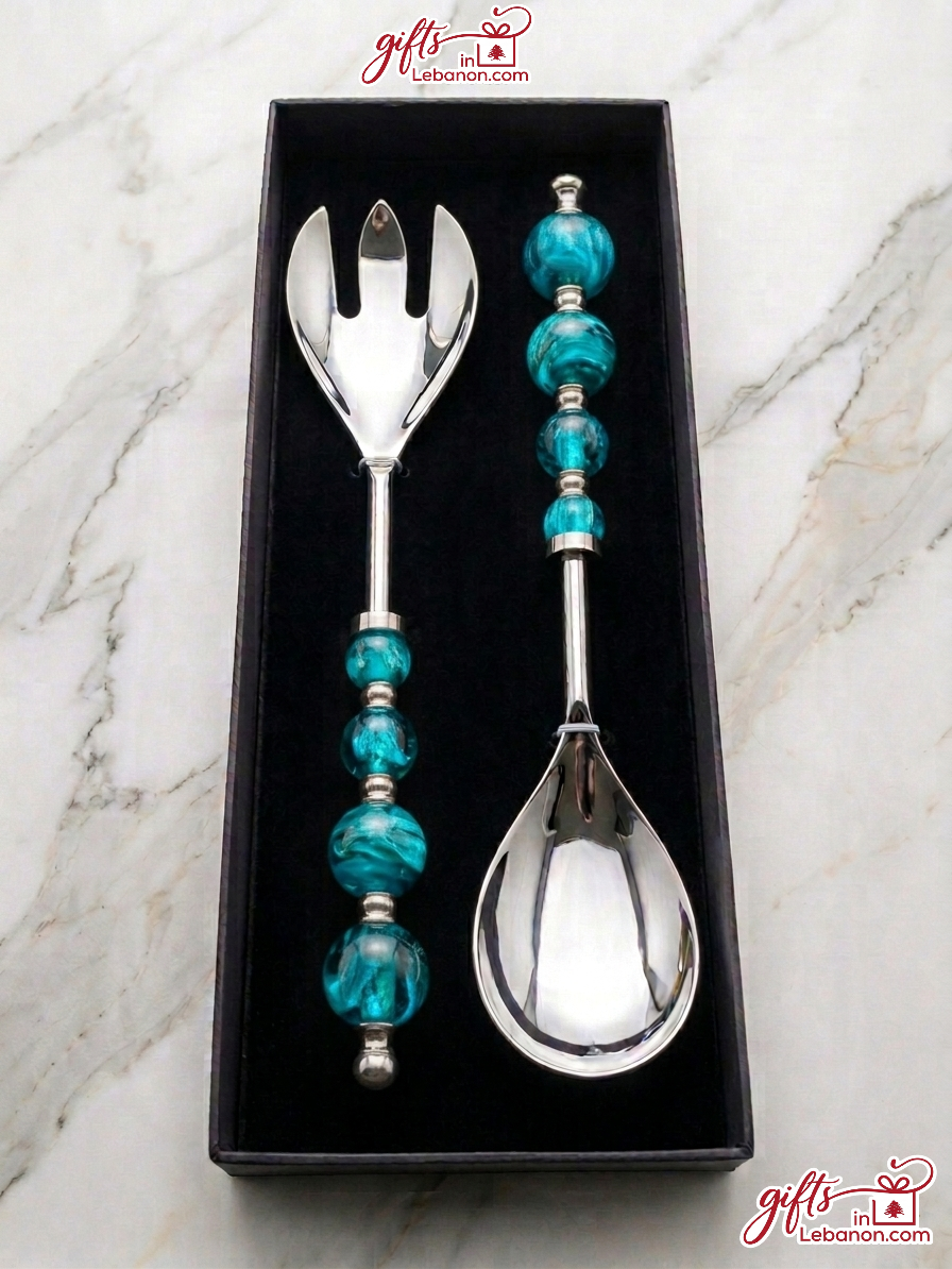 Elegant turquoise beaded salad serving set in a luxury black gift box