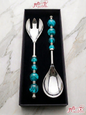 Elegant turquoise beaded salad serving set in a luxury black gift box