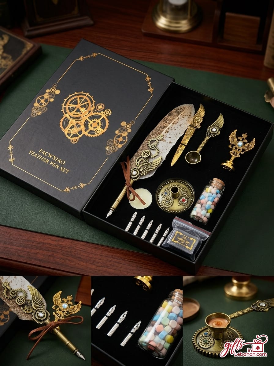 Vintage Steampunk Feather Quill Pen and Wax Seal Gift Set in Elegant Box