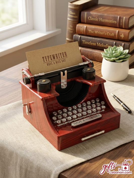 Vintage typewriter music box with keepsake drawer on a desk