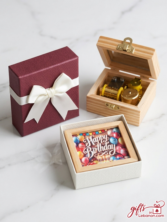Wooden Happy Birthday wind-up music box with elegant burgundy gift box